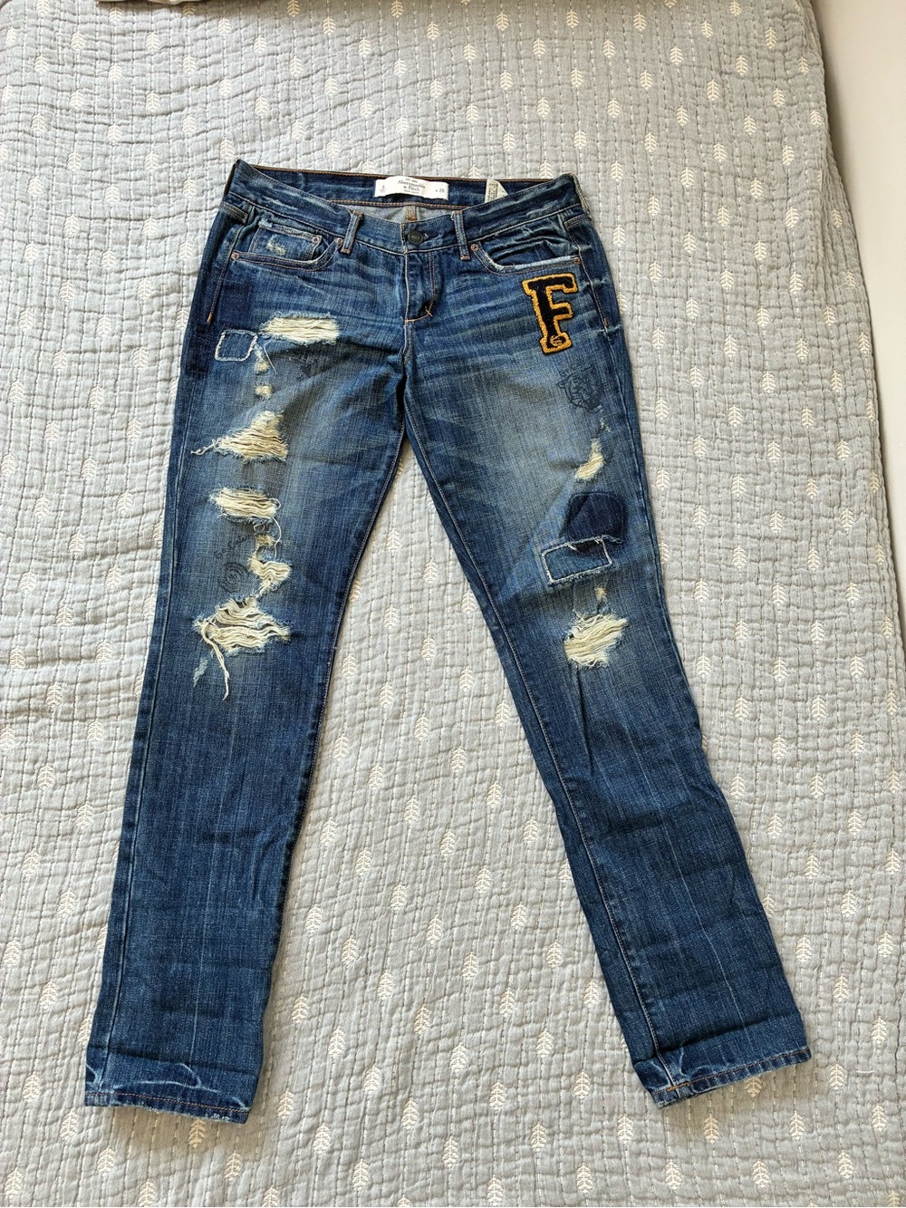 Abercrombie & Fitch Varsity Distressed Dark Blue Straight Leg Jeans with Patches